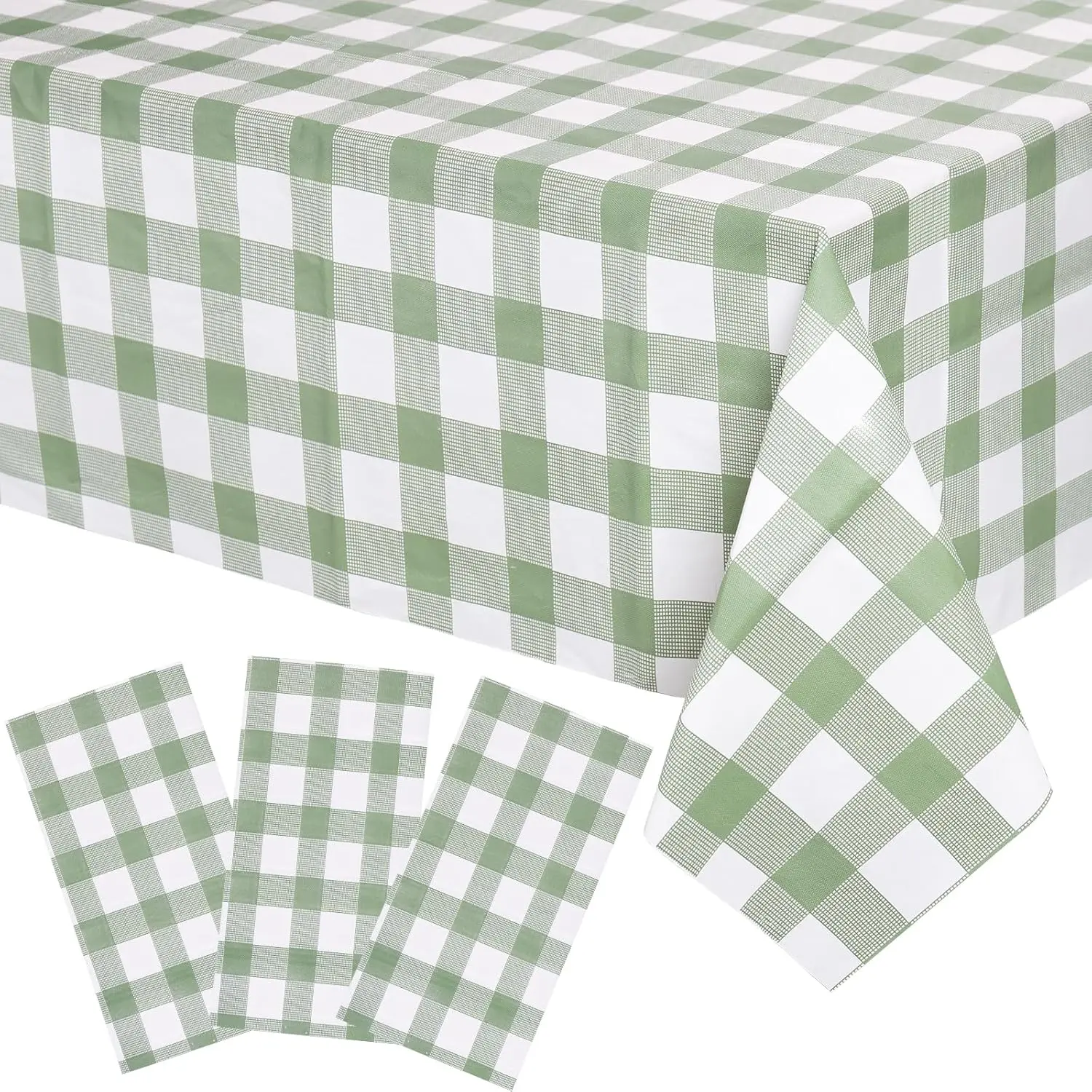 Sage Green Gingham Tablecloth 3 Pack,  & Easy to Clean, Ideal for Picnics & Gatherings
