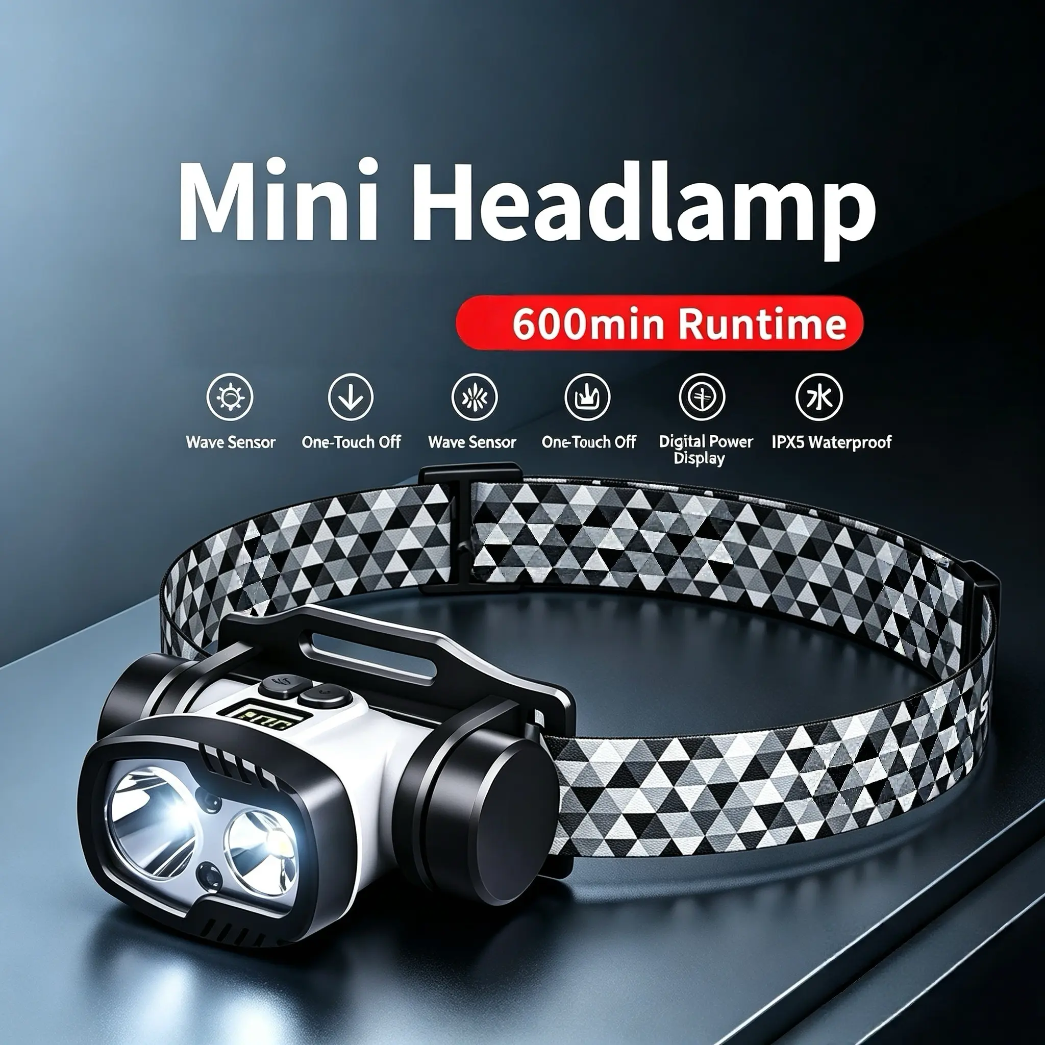 Dual LED Motion Sensor Mini Headlamp, IPX5 Waterproof Drop-Proof Rechargeable Head Light with Focus & Flood Beam, 7 Light Modes Red Blue Warning Strobe, 360° Rotatable Lamp Head Torch for Fishing Camping Cycling Hiking Work power outage emergency home