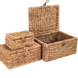 Set of 3 Handwoven Storage Boxes With Lid,Small Wicker Rectangular Basket For Shelves,Seagrass Decorative Boxes For Home Decor,Hyacinth Stacking Baskets With Lids For Organizing
