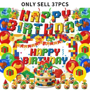 37-Piece Building Block Theme Birthday Party Decoration Set, Includes Paper Banner, Hanging Decor, Cake Topper, Balloons, Backdrop, Perfect for Building Block Party Supplies