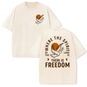 Vintage Washed Beige Boho Streetwear T-Shirt with Dove Print & "Where The Spirit Of The Lord Is There Is Freedom" Quote, Oversized Retro Christian Aesthetic Unisex Tee