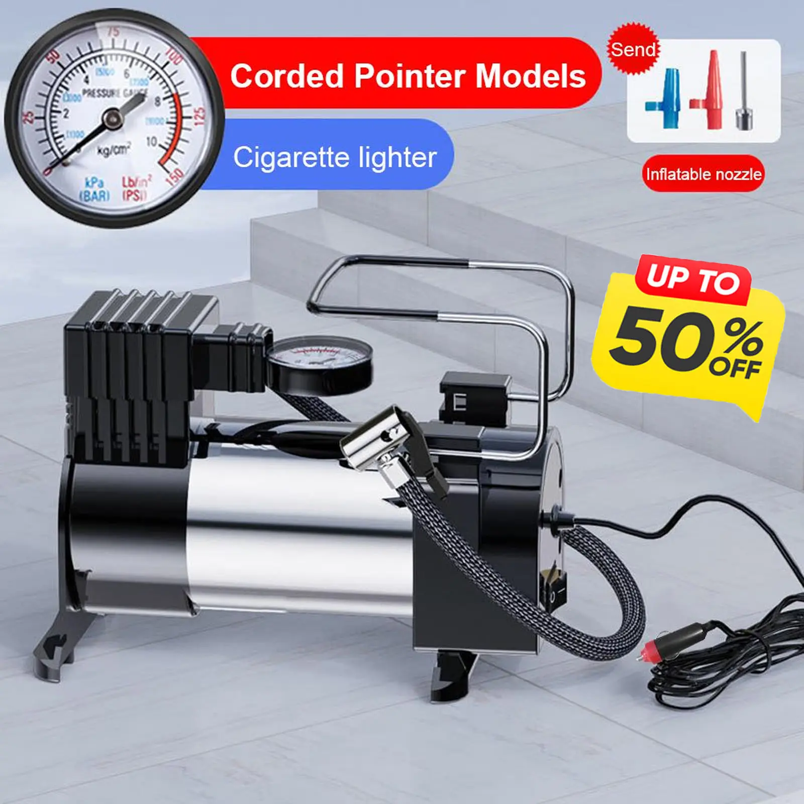 12V Portable Air Compressor with Pressure Gauge Heavy Duty Tire ...