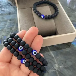 Men's Evil Eye Bracelet - Black Onyx Natural Stone Bead Bracelet, Large Size