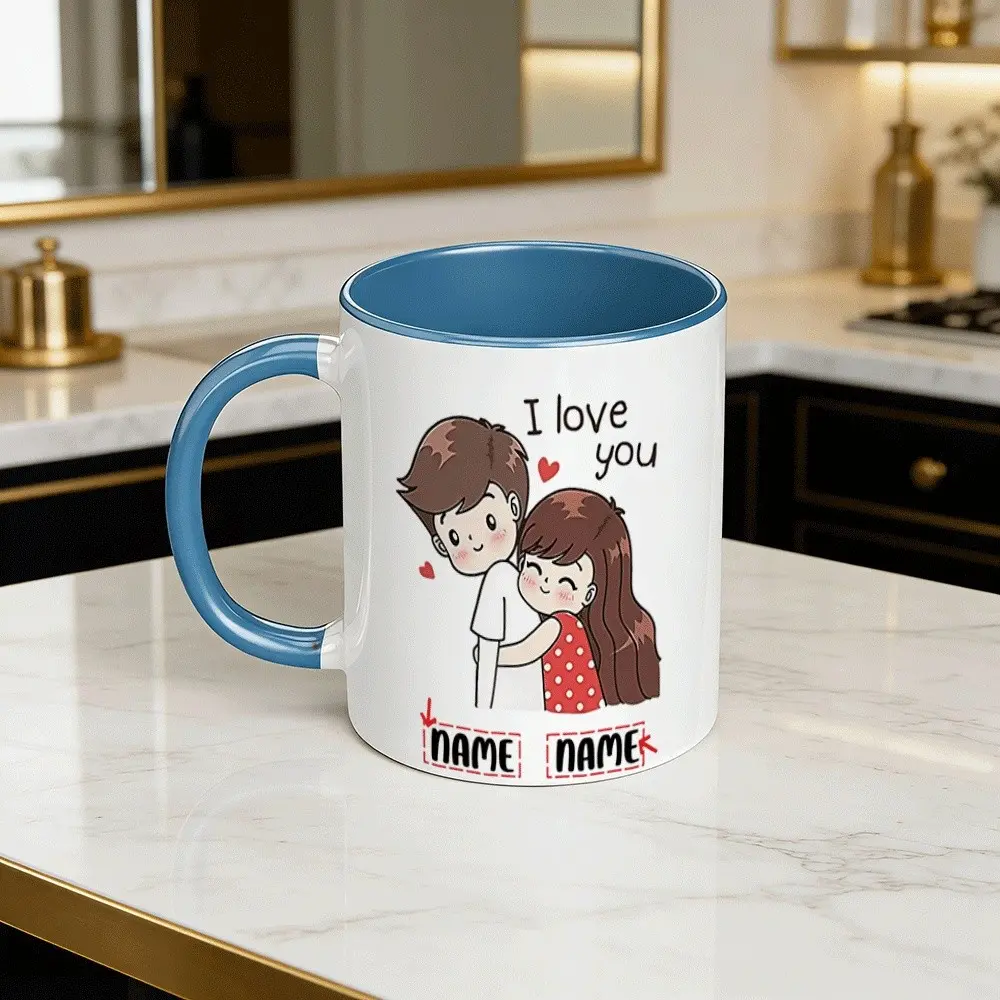 Customizable 11oz Cartoon Couple Mug, I Love You Design, Personalized Names, Ceramic Material, High Temperature Resistant, Coffee Milk Cup