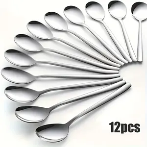 12-piece set of stainless steel Korean teaspoons, 7.28-inch durable soup spoons, mirror-polished, dishwasher washable, suitable for rice, cream soup, desserts and oatmeal, for home and restaurant use, Dinnerware Utensils