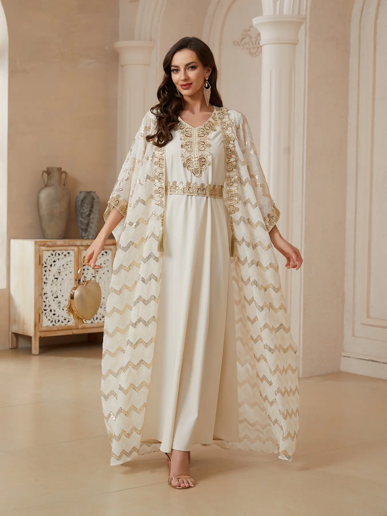 Targeted in-stock Middle Eastern women's traditional style embroidered mesh two-piece dress JaIabia, fashionable and elegant long robe, Kaftan long robe, festival evening dress Abayas, Islamic Muslim Clothing
