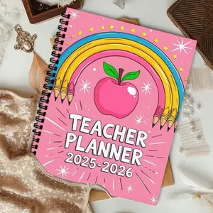 Teacher Planner 2026, Academic Planner, Vibrant Cover with Rainbow and Apple Decorations, Coil Bound, Includes Lesson Plans, Lesson Prep Pages, Student Records