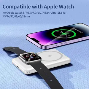 5000mAh Magnetic Portable Charger with Watch Charger, Wireless Magnetic Battery Pack with Foldable Kickstand & LED Indicators, Fast Charging Power Bank for iPhone, Watch & Type-C Devices Chargeable