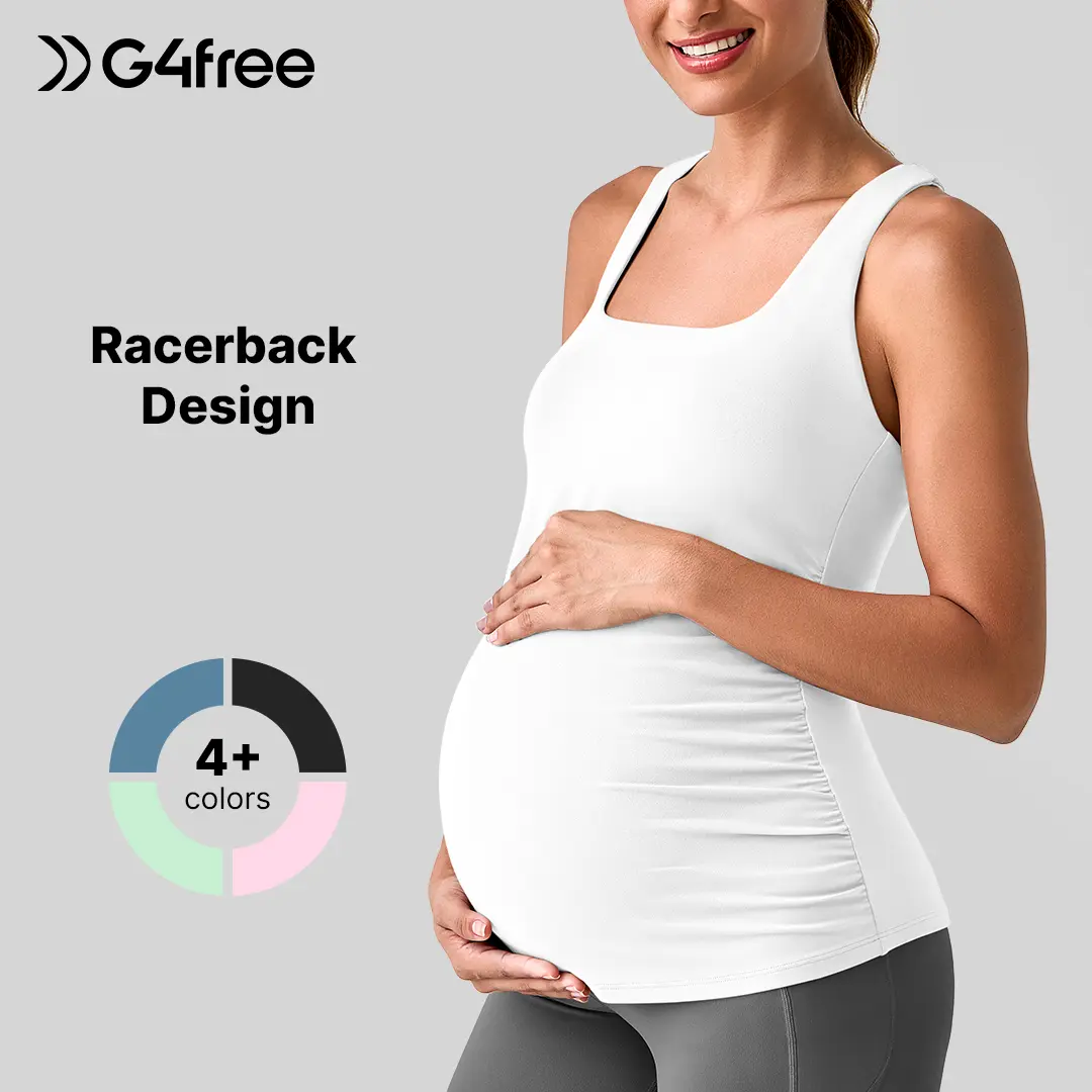 G4Free BareFeel Maternity Racerback Tank Tops - Built-in Bra, Ruched, Sleeveless Square Neck, Postpartum Outfit, Maternity Clothing for Yoga Workouts, Minimalist Design