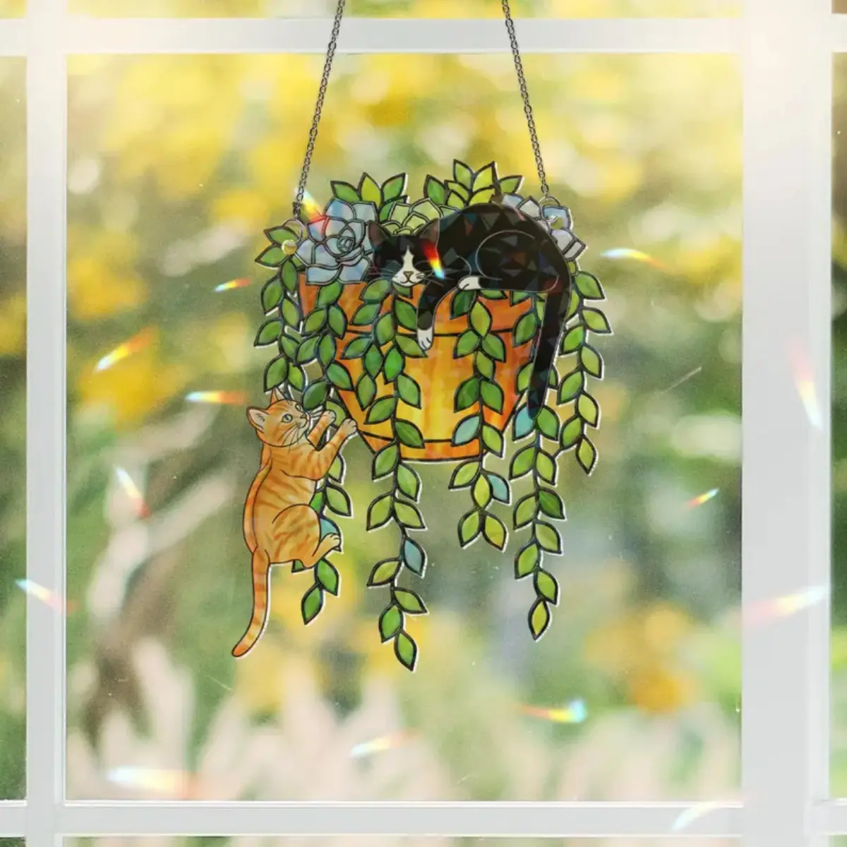 Custom Cat Breed Hologram Acrylic Suncatcher - Metal Frame Nature Tree Themed Hangable Ornament, Colorful Home Decor Anniversary Gift for Window Hanging