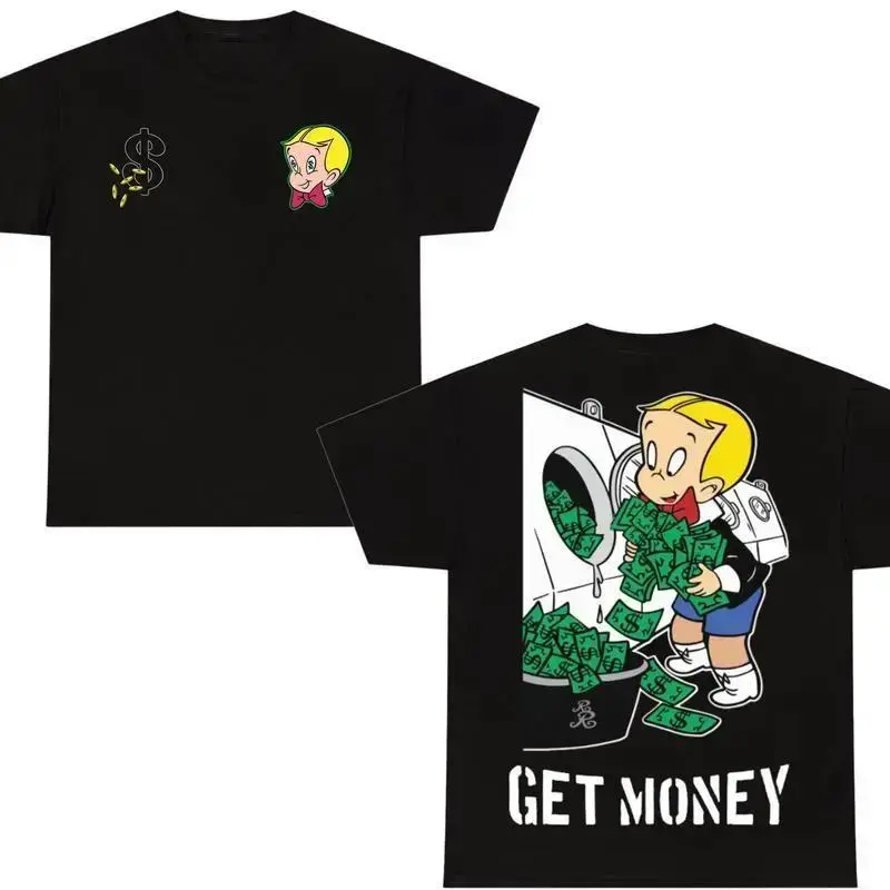 Funny Richie Rich Get Money T-Shirt, Cartoon Money Laundering Tee, Retro Wealthy Graphic Shirt, Meme Streetwear, richie rich shirts, Mens Womenswear Top Pure Cotton Short Sleeve T-Shirt Casual Breathable white gospel joke tshirt tok soft day