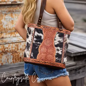 Lucille Tooled Leather Cowhide Tote, Purse