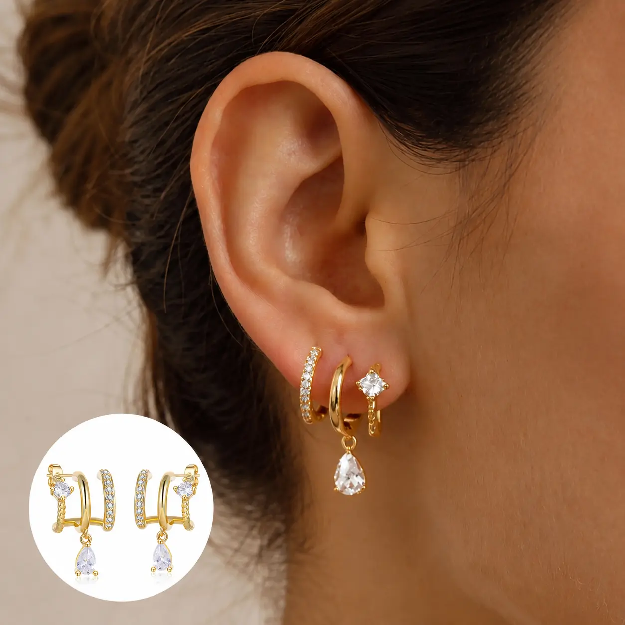 Gold Huggie Earrings for Women, Hypoallergenic Nickel-Free Lead-Free Copper CZ Multi-Row Hoop Earrings with Teardrop Dangle, Cubic Zirconia Jewelry Gift