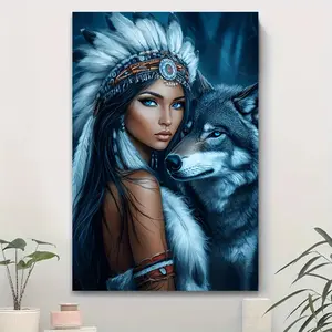 Classic Native American Wolf and Woman Canvas Mural Artistic Wall Decoration for Home Office Hotel Café Easy to Hang with Hardware Kit 5 Size Options 12"x18" to 28"x40" UV Resistant Ink Non Toxic Ornaments - Print