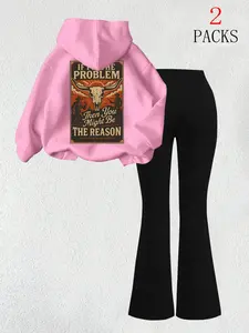 Women's Warm Hoodie Set, Long Sleeve Slim Fit Comfortable Bell Bottom Pants, Cow Head Letter Print, Kangaroo Pocket Daily Wear