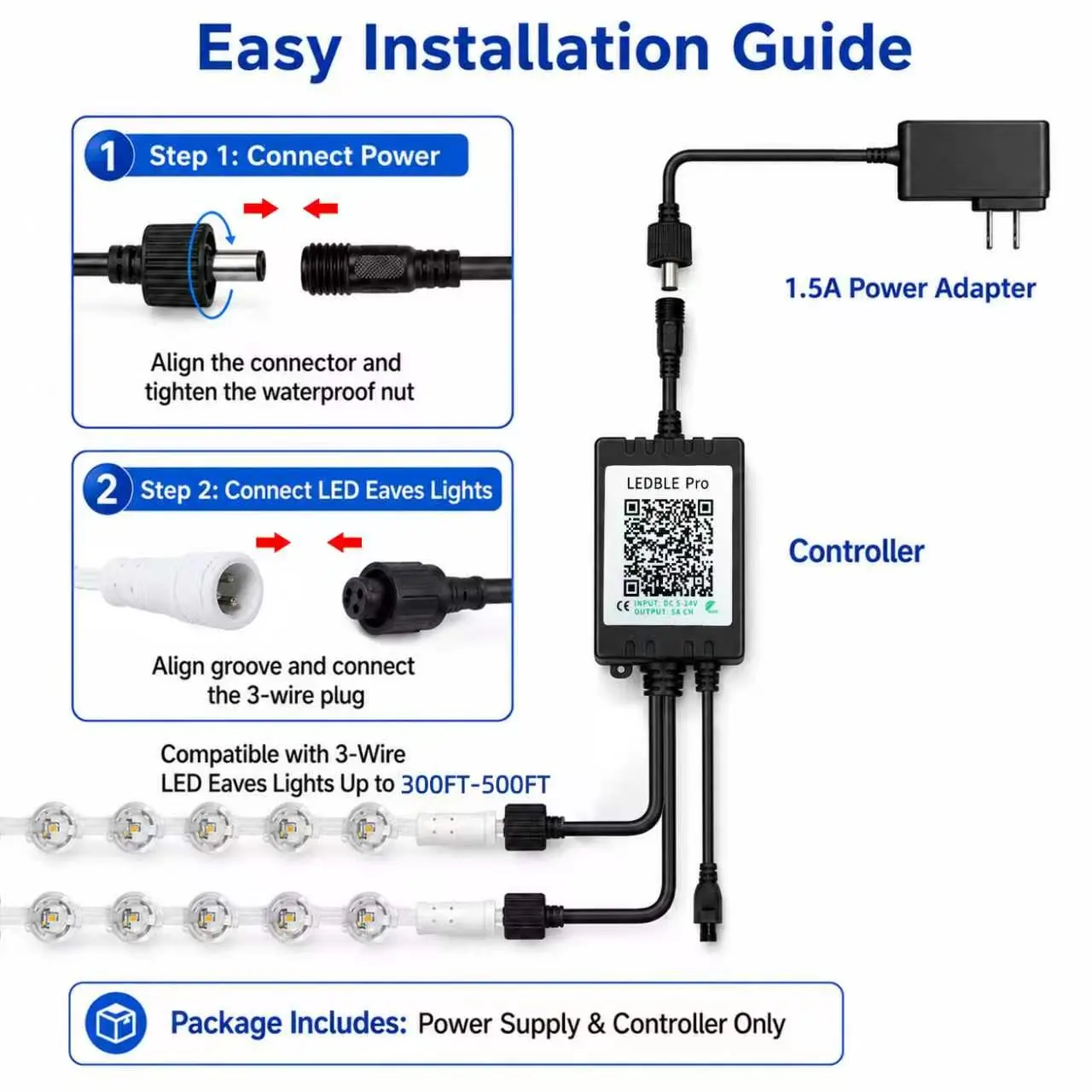LED Eave Light Two-wire three-pin waterproof controller and Power Adapter Kit, Replacement Controller for 300FT-500FT Outdoor RGB Eave Lights