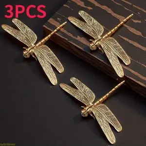 3-Pack Golden Brass Dragonfly Metal Decor Ornaments, Retro Vintage Exquisite Wing & Body Craft Figurines, Holiday Home Wall Decor for Christmas Display & Interior Styling