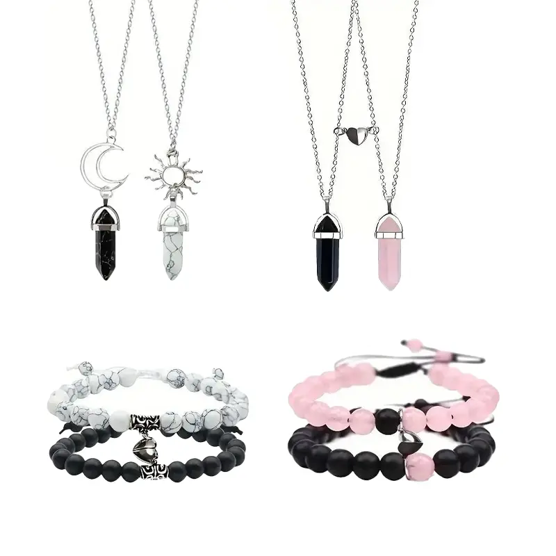 Natural Crystal Jewelry Set - 8-Piece Hexagonal Pendants Necklaces & Bracelets with Sun and Moon, Amethyst Quartz, Duality & Balance, Gifting for Couples & Friends, Casual Harmony Symbol Accessory