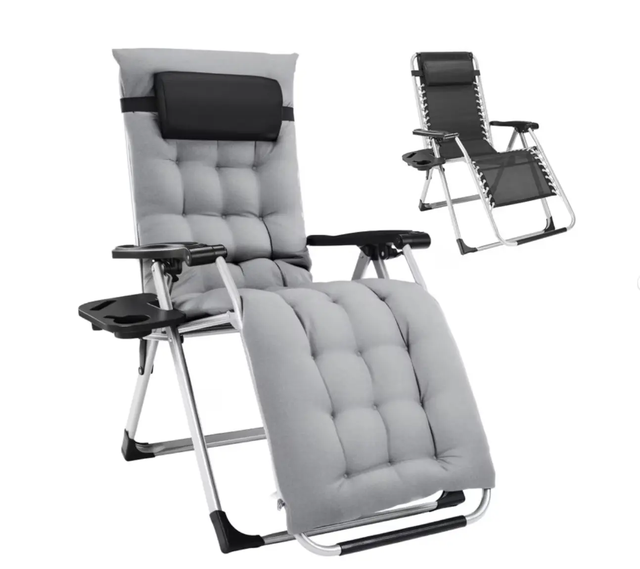 Zero Gravity Lounge Chair, Heavy-Duty Folding Recliner for Patio & Lawn with Adjustable Backrest, Detachable Cushion, Headrest Pillow & Side Tray,Gray