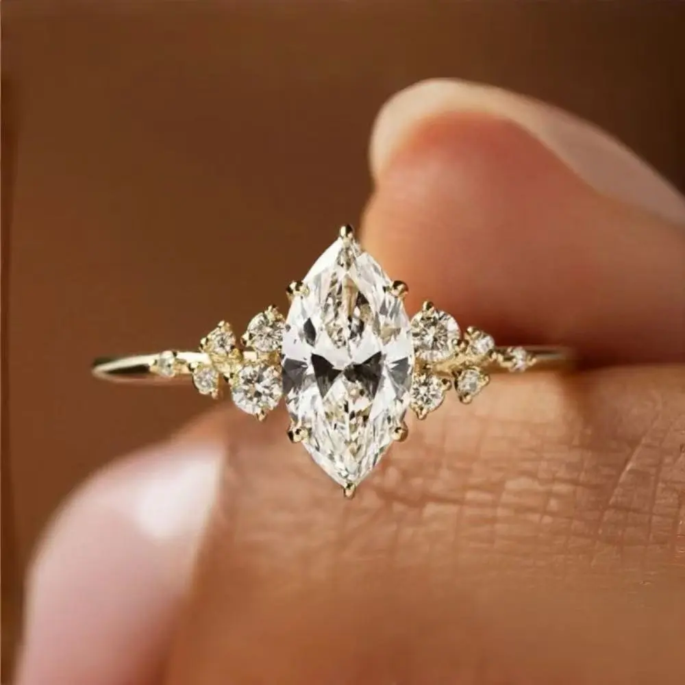 2026 Golden Marquise Chesson stone engagement ring, side-tied heavy stone exquisite thin band commitment ring, retro art decoration bride's wedding suggested jewelry, a gift for girls
