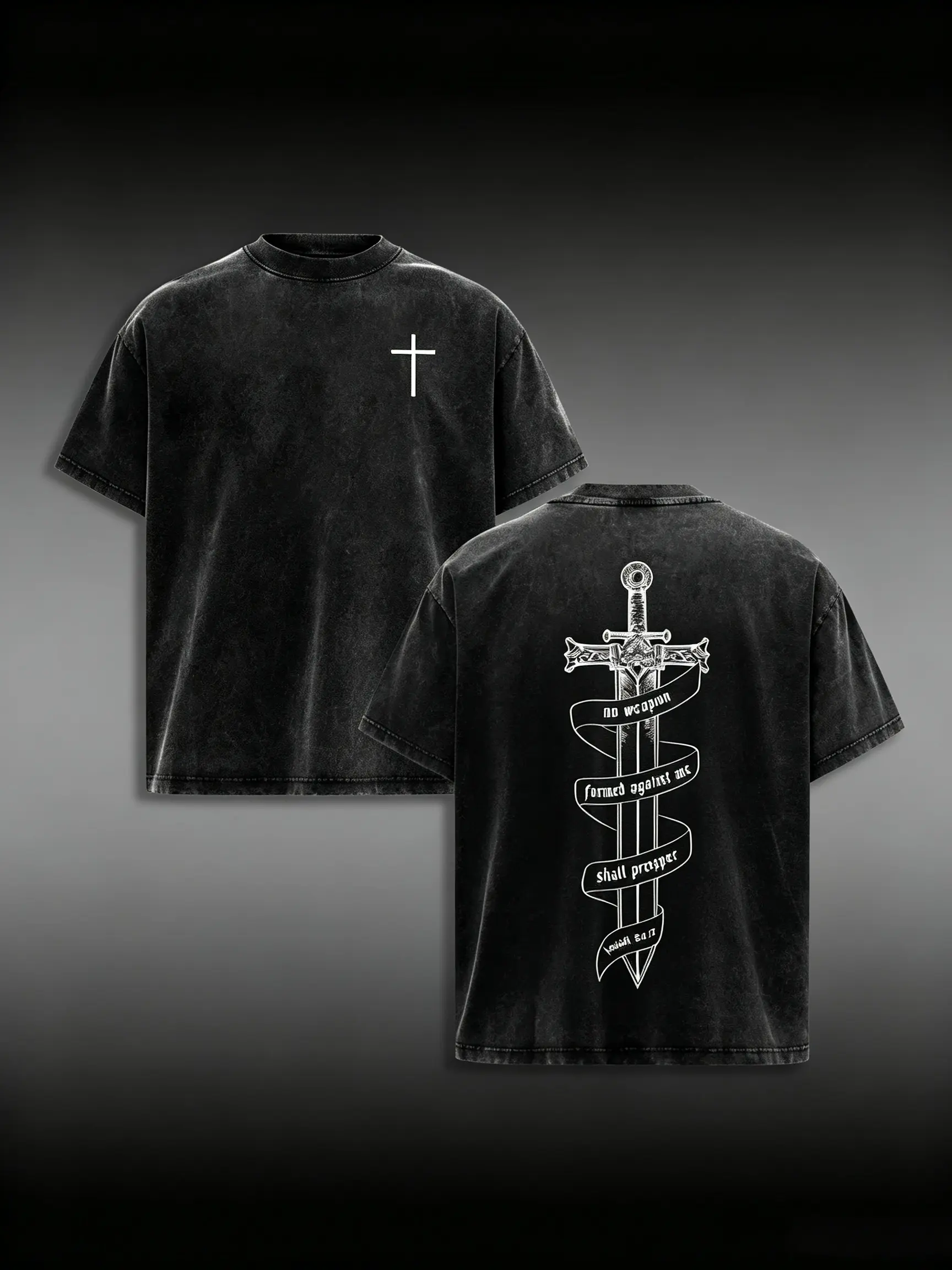 Men's Unisex Classic Round Neck Sleeves Oversized Christian T-Shirt - Sword & Cross Faith Graphic, Isaiah 54:17 Scripture, Heavy Cotton Minimalist Outdoor Dark Streetwear Warrior Top day funny meme tee