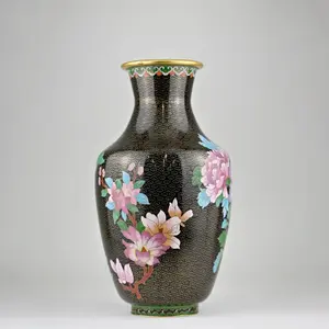 Vintage Chinese Cloisonné Vase | Handcrafted Floral Enamel Art | Black Ground Collectible | 8x8x15”