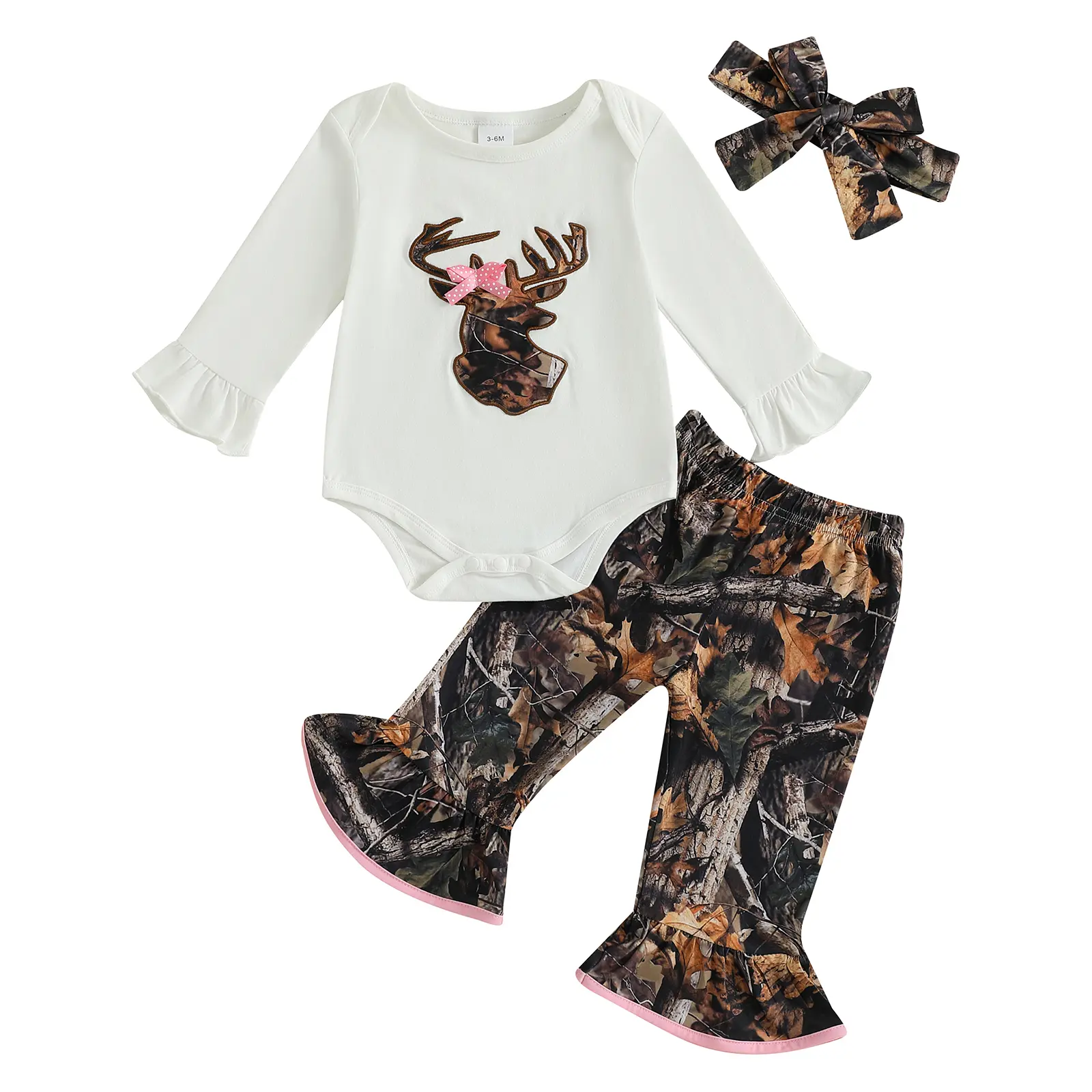 Spring Fall Baby Girl 3Pcs Outfit, Reindeer Embroidery Long Sleeve Romper, Print Flare Pants & Headband Set 0-18 Months
