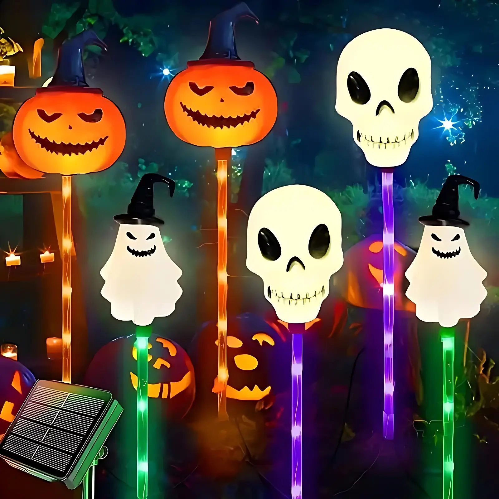 6-Pack Halloween Solar Pathway Lights, Outdoor Skull Ghost Pumpkin Garden Stake Lights with 8 Lighting Modes, IP44 Waterproof Home Improvement Decor for Lawn, Walkway