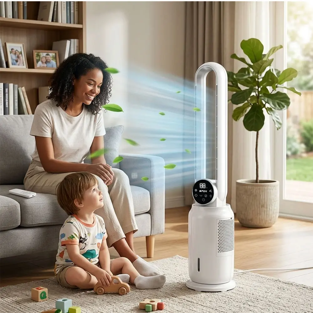 SPZTJK Bladeless Floor Standing Pedestal Fan - Energy-Efficient Evaporative Cooler with Air Purification, Touch & Remote Control, Ice Crystal Box, 3 Speeds, 12H Timer, Water Tank, Filter, Night Light, Quiet for Home, Office | Home Cooling Solutions