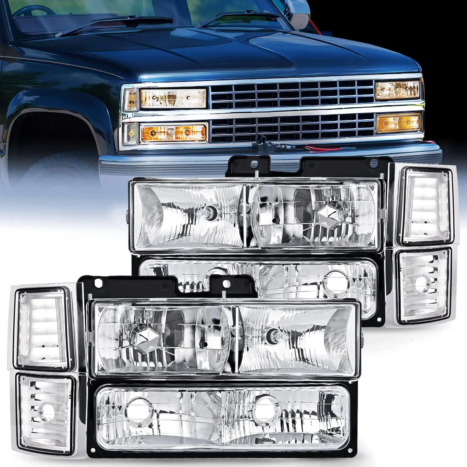 Nilight Headlight Assembly - Compatible with 1994-1998 Chevy Silverado, Tahoe, Suburban, C10, C/K 1500/2500/3500 Truck - Chrome Housing, Clear Reflector Replacement Headlamp