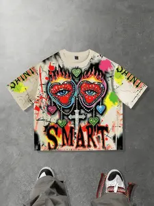 Heart Eye Short Sleeve T-Shirt, Unisex Short-Term T-Shirt, Cross Summer Short Sleeve Men's Fashion Geometry Shirt, European and American Streetwear Trendy Casual T-Shirt, Y2K Style, Geometric, Graphic