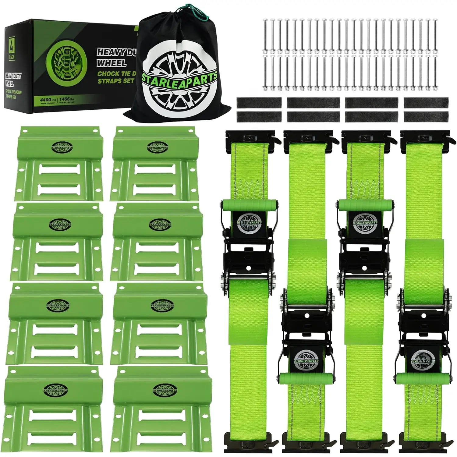 Heavy Duty Wheel Chock Tie Down Straps Set (4PK) - 4,400lb Guaranteed Max Break Strength, (2) 2" x 8' Trailer Tire Straps with (8) Wheel Chocks for ATV, UTV or