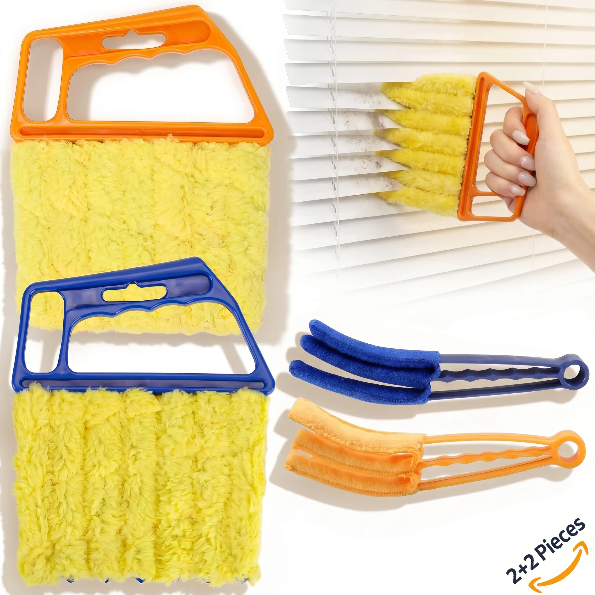 High Quality Microfiber Window Blinds Cleaning Tool Classic Combo - 4Pcs Daily Home Care Set, 2 Lightweight Washable 7-Finger Dusters, 2 Air Vent & Fan Brushes, Handle Grip, Rectangular Sliding Door Organizer, Microfiber Cleaning Towels