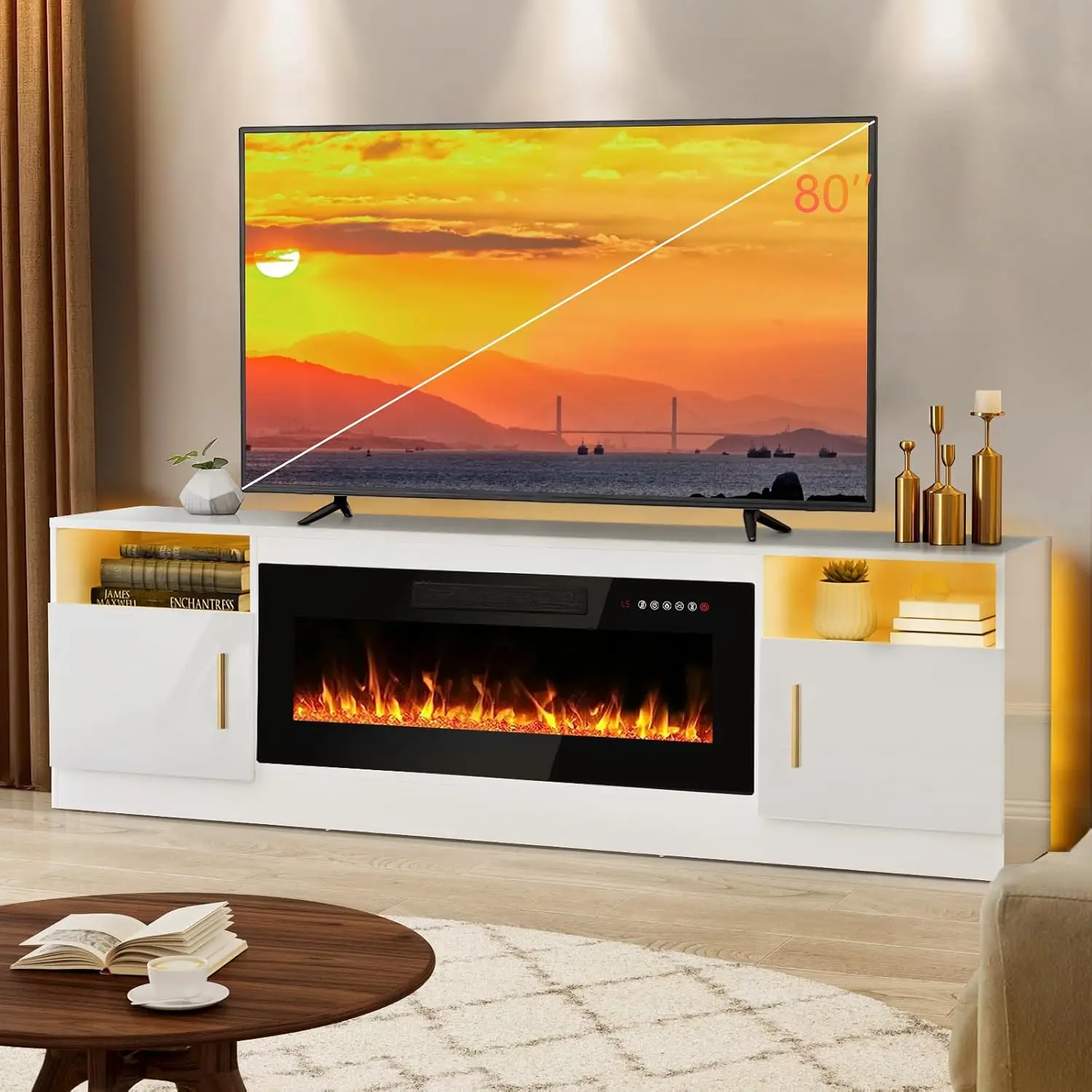【2 Packages Shipping】Fireplace tv Stand with 36 inch Fireplace Up to 80" TVs,LED Light Entertainment Center and Storage, 70" Modern Wood Media TV Cons