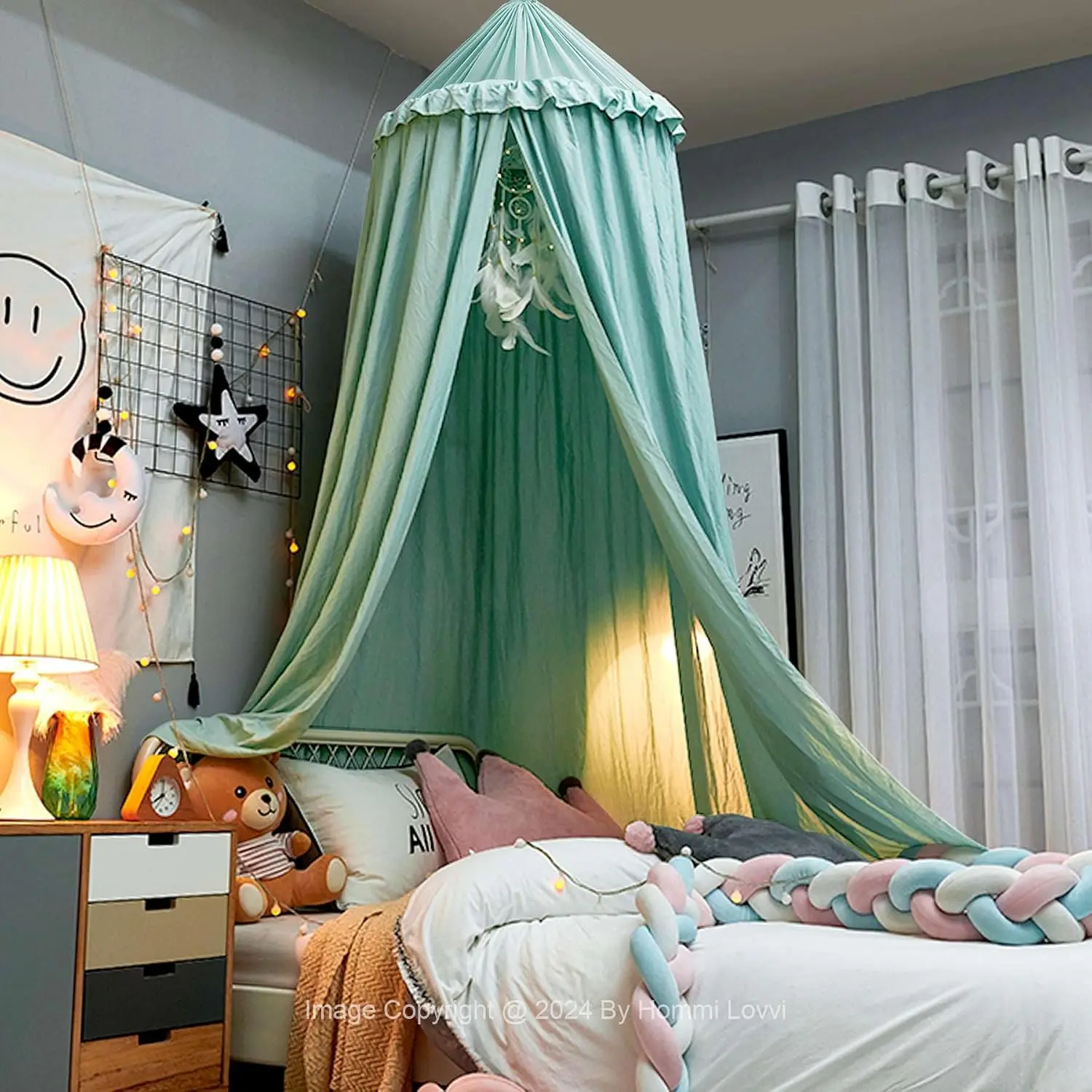Hommi Lovvi Bed Canopy for Girls, Dreamy Frills Ceiling Hanging Princess Canopy Bedroom Decoration Soft Canopy Net Reading Nook, Extra Large Full Queen Size Bed Canopies - Green