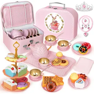 Kids Plastic Tea Party Set for Toddlers & Girls Ages 3-8 – Princess Pretend Play Kitchen Toy with Carrying Case, Teapot, Cups, Saucers, Dessert Toys & Tray | Gift for Little Girls Birthday