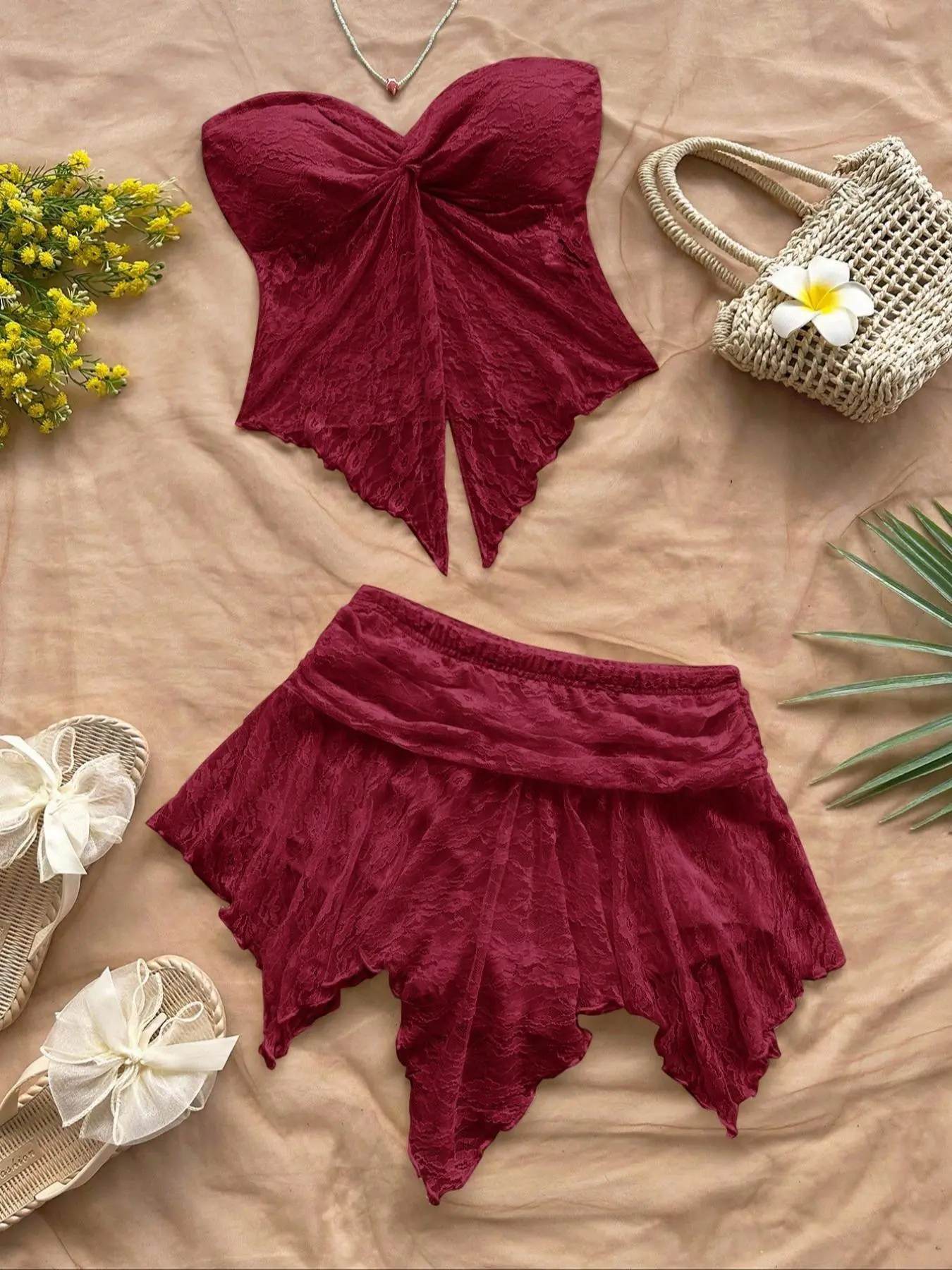 Elegant Lace Mesh Graphic Twist Sleeveless Crop Top & Asymmetrical Irregular Hem Skirt Set, Sweet Chic Summer Fashion, Slimming Design, Two-Piece Clothes
