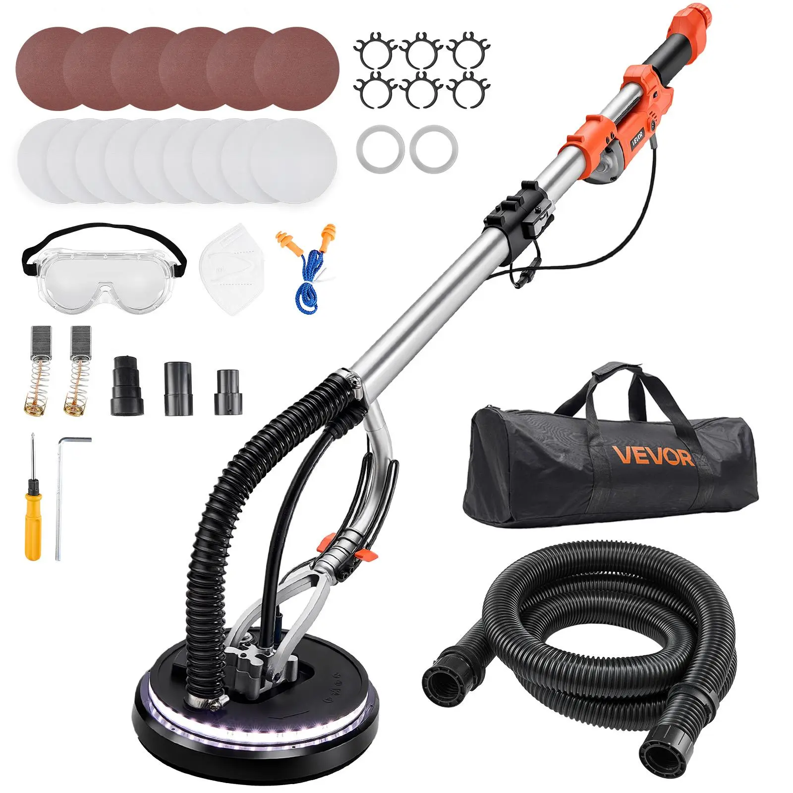 【SummerFinds】VEVOR Drywall Sander, 1010W Electric Drywall Sander, Popcorn Ceiling Removal Tool with 7 Variable Speed 1000-2200 RPM, Double-Deck LED Light, Foldable & Extendable Handle, 15 Sanding Discs, Dust Hose