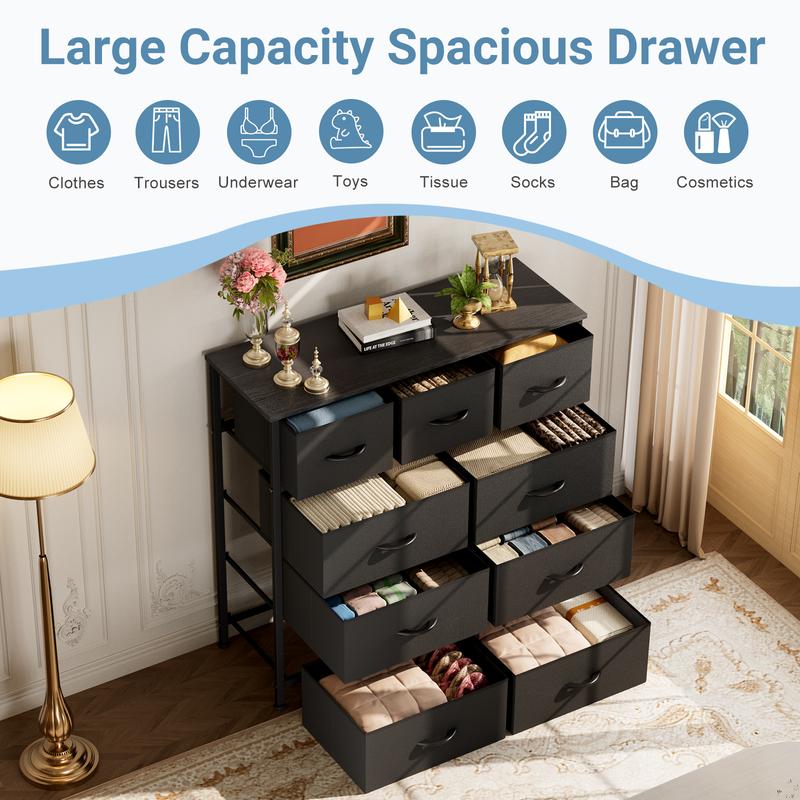 9 Drawers Dresser for Bedroom, Storage Drawers, Fabric Storage Tower  Chest of Drawers with Fabric Bins, Sturdy Metal Frame