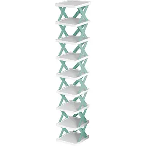 9 Tier Tall Narrow Vertical Shoe Rack, Plastic Shoe Rack for Entryway, Space Saving Shoe Shelf Free Stackable Shoe Organizer for Entryway, Living Room, Doorway, Closet, Bedroom, Corner, Blue