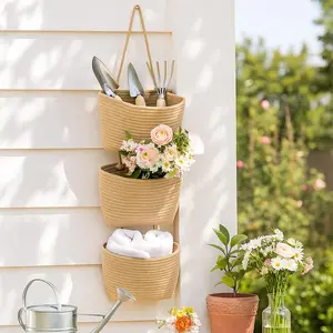 BEIDUOLE Woven cotton Over The Door Hanging Basket, 3-Tier Wall Mount Storage Baskets Organizer with 2PCS Hooks for Home Office Bedroom Door Wall Decorative Bag , house organizers,Decorative Nursery Baskets