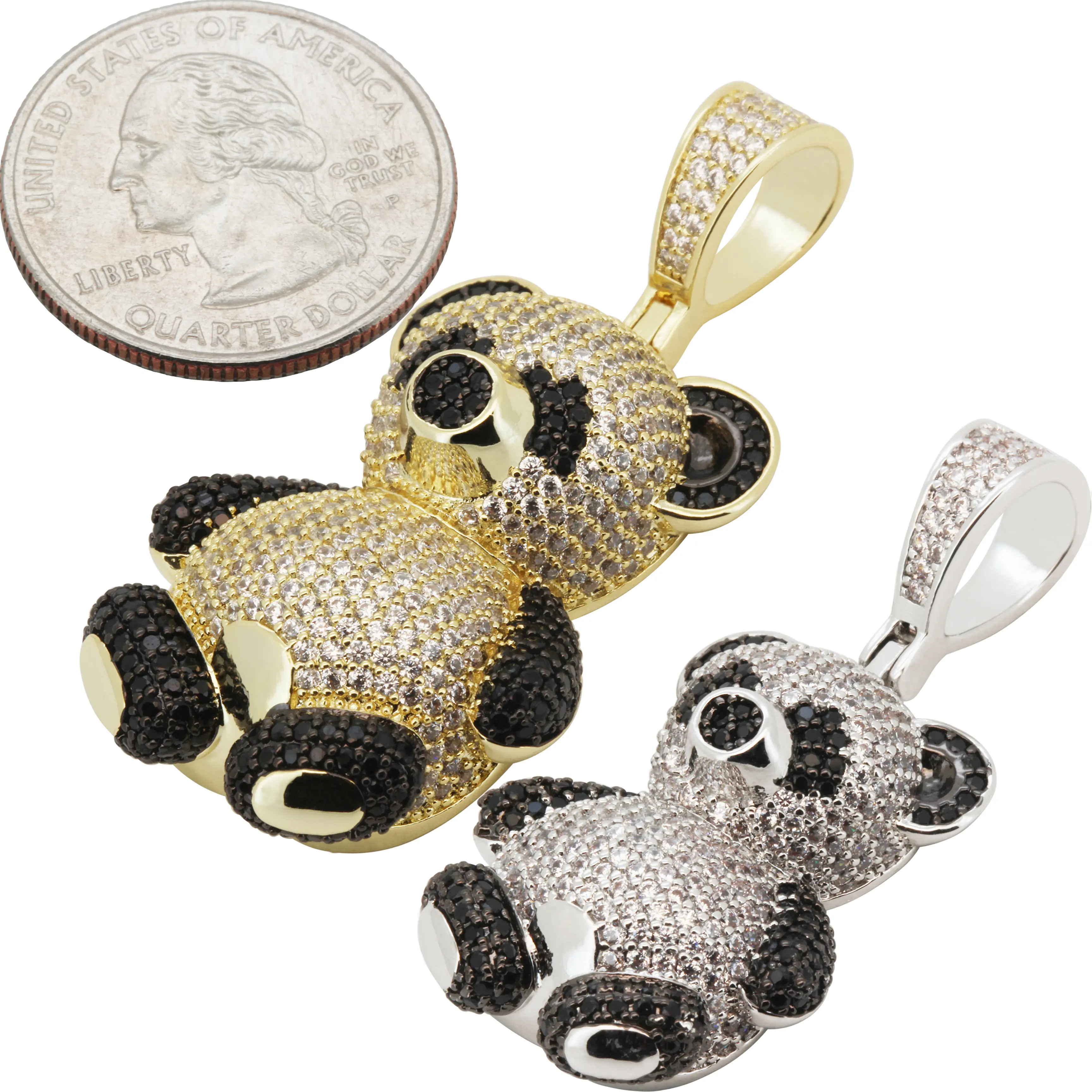 14k Yellow/White Gold Plated Black Rhodium AAA Cubic Zirconia Panda Bear Pendant