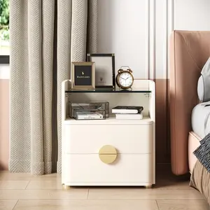 Tribesigns 2-Drawer Nightstands with Tempered Glass Top, Modern Wood Bedside Table with Open Storage, Beige End Table with Gold Round Legs
