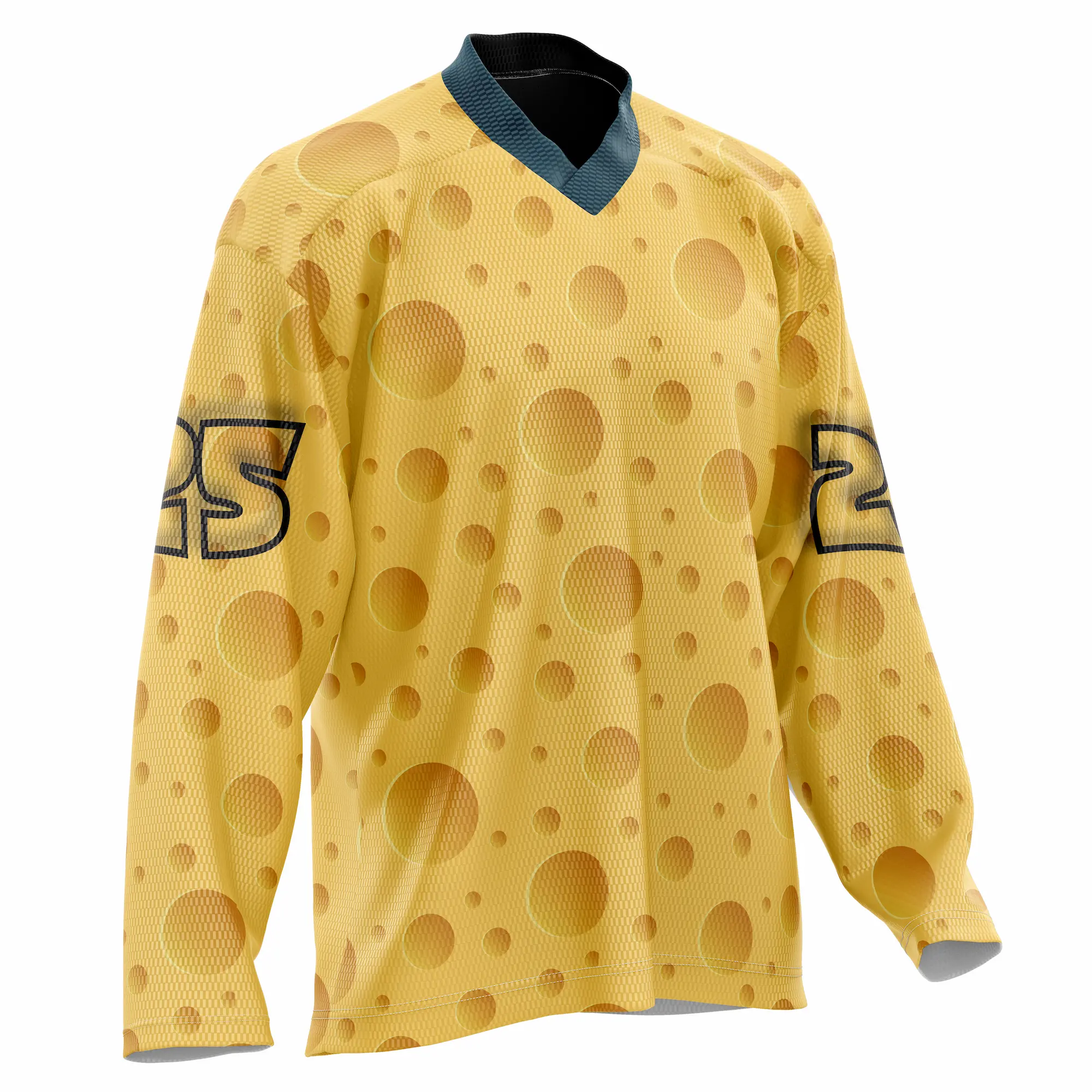 Swiss Cheese Ice Hockey Jersey - Bold Yellow Design with Cheese Holes for Autumn - Customizable Name & Number - Goalie Cut Available - V-Neck - 100% Polyester Sublimation