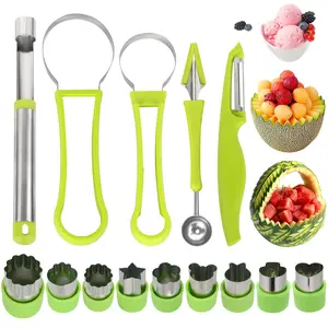 14 Piece 4-in-1 Stainless Steel Fruit Scoop Set – Melon Baller, Seed Remover, Shape Cutter, Peeler, Pulp Separator – Ideal for Fruit Platters, Vegetable Art, Cocktail Garnish – Great Gift for Home Cooks