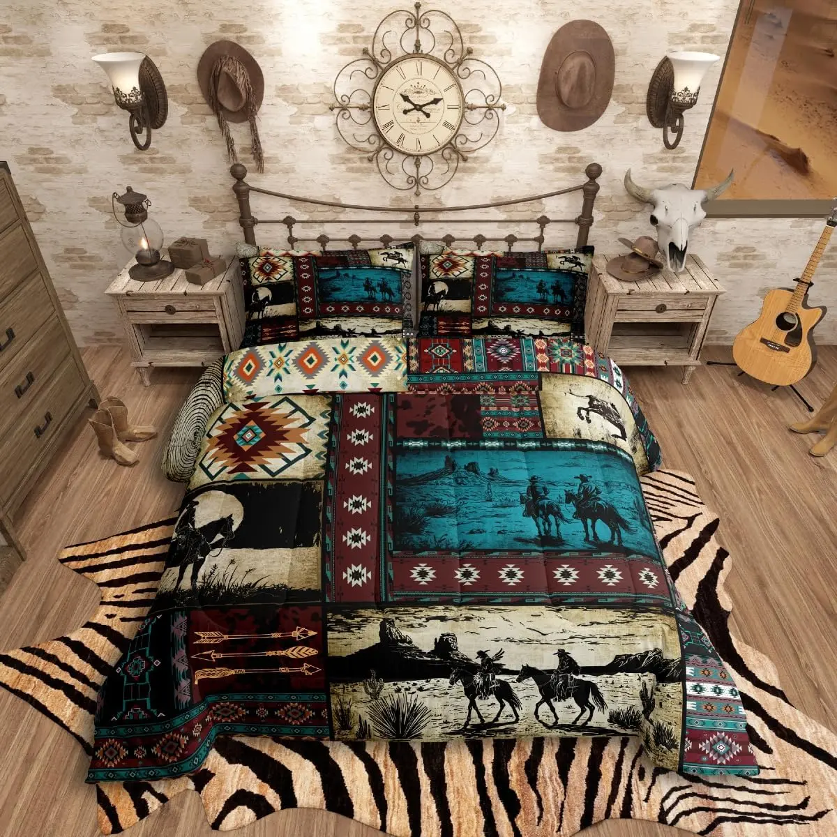 Feelyou Quilted Duvet Set - Queen Size Cowboy Western Rustic Plaid Geometric Patchwork Digital Print, Breathable Multi-Size Comforter Bed Set, Machine Washable Textile