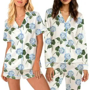 Hydrangea Bloom Pajamas, Light Blue Hydrangea Flowers Grandmillennial Coastal Wedding Party Satin Pajama Set, Bridal Shower & Bachelorette Sleepwear Gifts