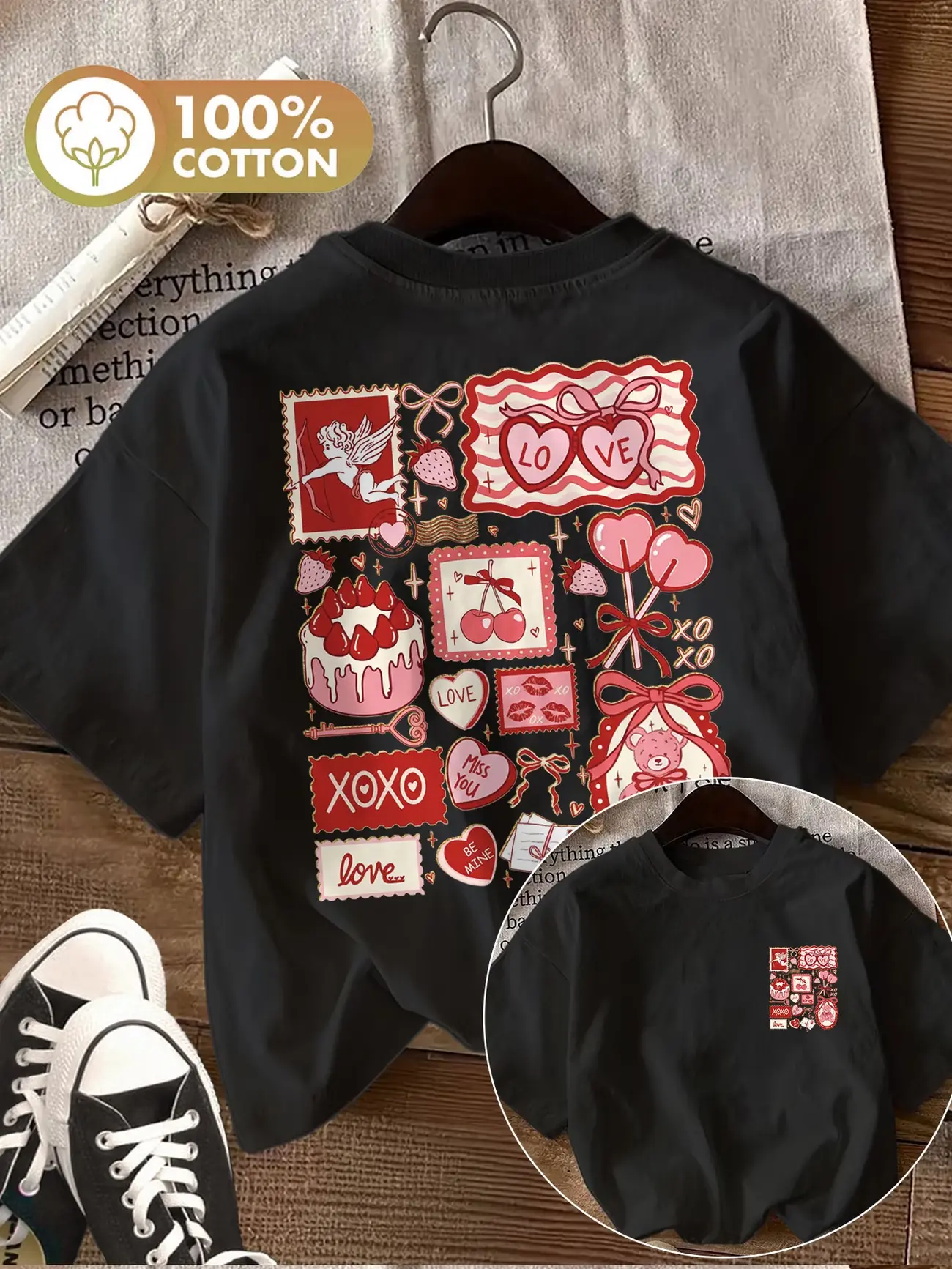 Women's Casual Pure Short-Sleeve T-Shirt - Dual-Sided Printing, Vintage Style, Round Neck, Comfortable Fabric, Everyday Garment with Heart Strawberry Cupid Cake Cherry LOVE BE MINE XOXO Designs, Shortsleeve