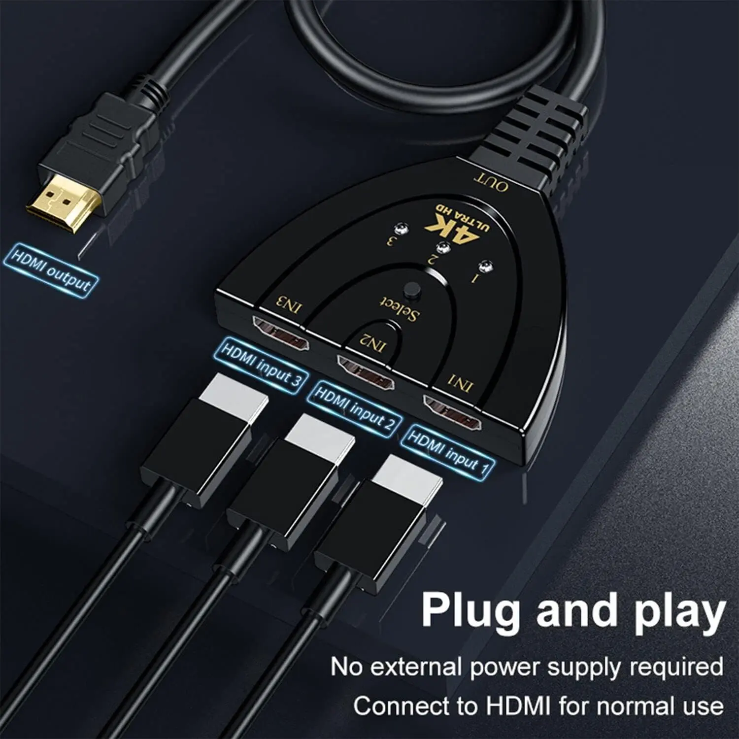 HDMI Switch 3 in 1 Out, 4K@60Hz HDMI 2.0 Splitter, 3-Port Multi HDMI Hub Supports Full HD 4K 1080P 3D Player Compatible with Xbox PS5/4/3 Blu-Ray Player For PS3 XBOX DVD