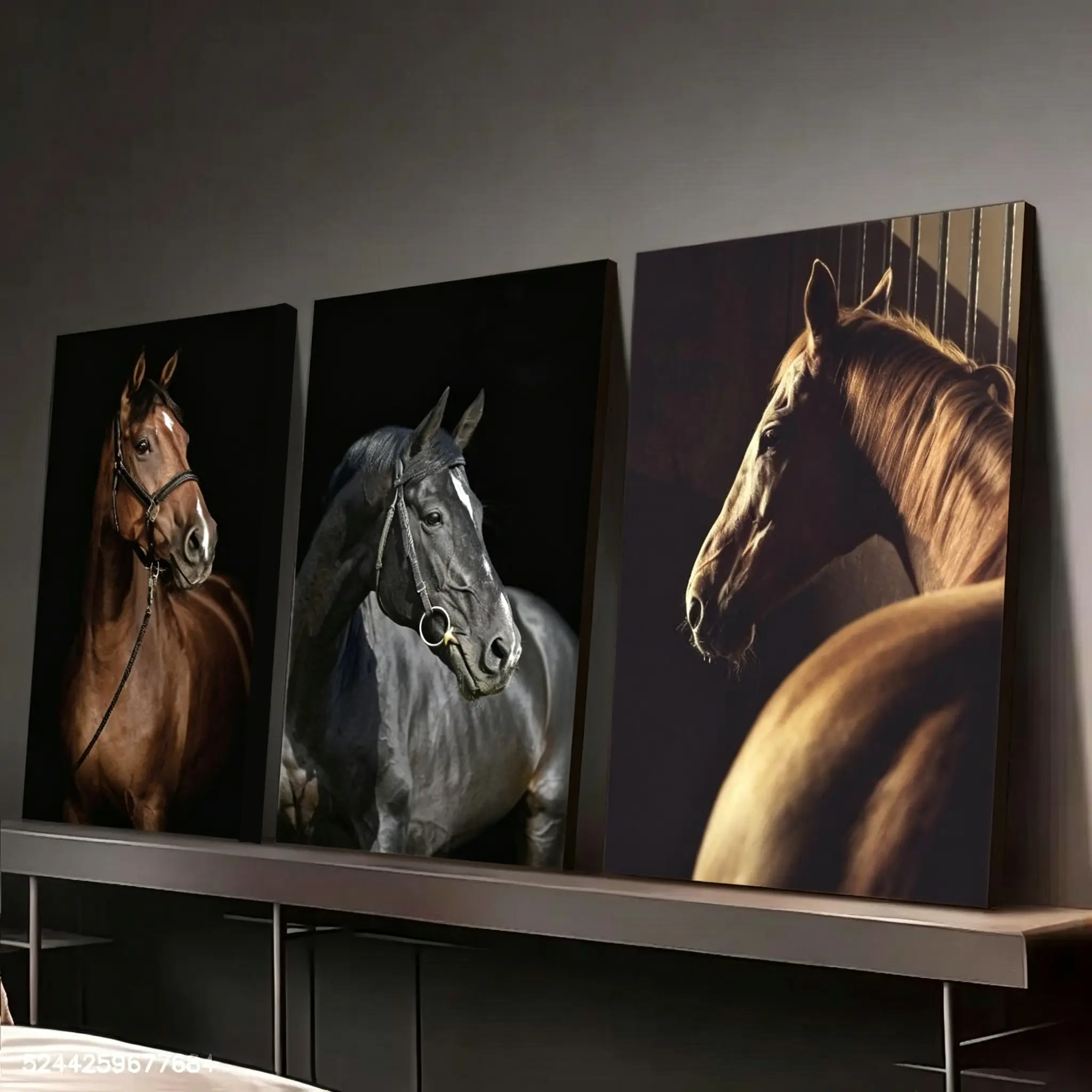 3-Piece 2D Flat Wooden Frame Horse Canvas Poster Set - Home Wall Decor for Living Room, Bedroom